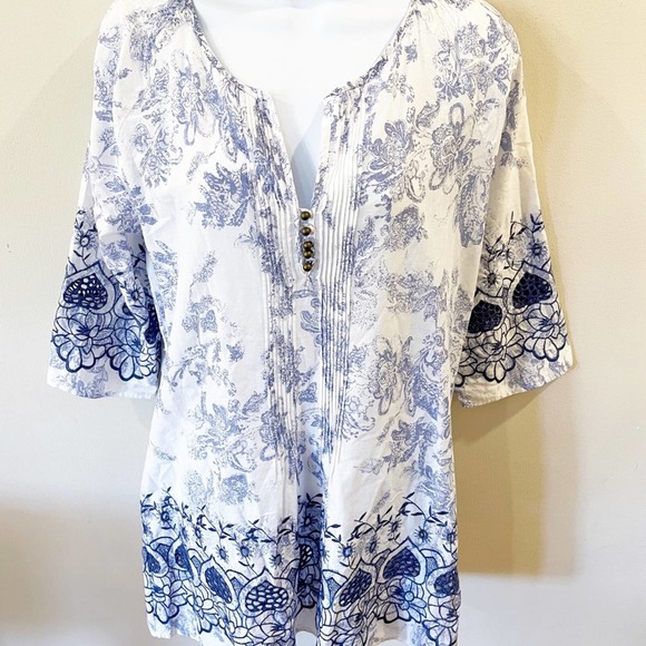 Soft Surroundings White & Blue Print Tunic Top S - Picture 10 of 11